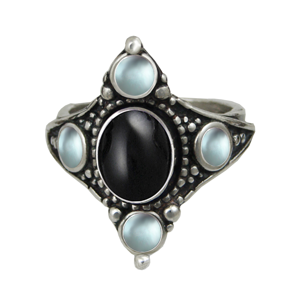 Sterling Silver Renaissance Queen's Ring With Black Onyx And Blue Topaz Size 9